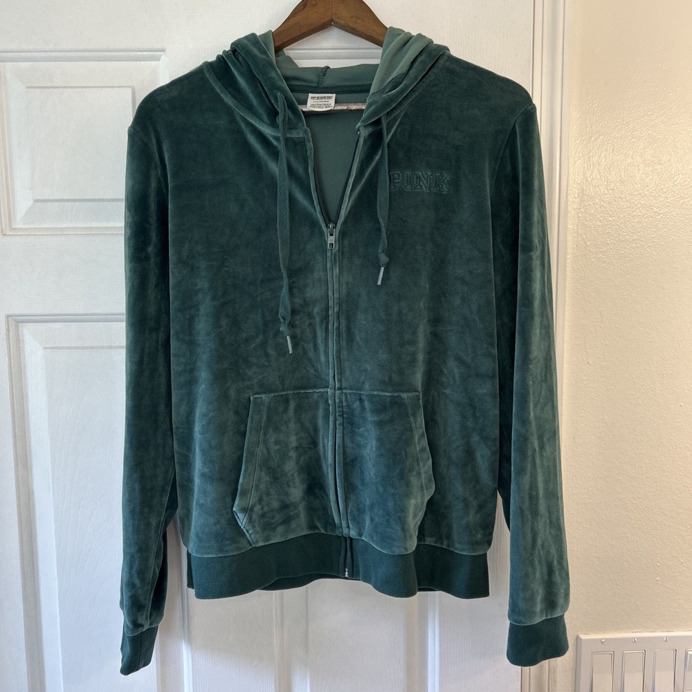 Victoria's Secret PINK VELVET VELOUR FULL-ZIP Hoodie Logo Sz Large Green EUC